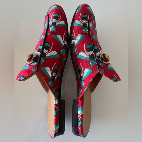 Gucci Red Bumble Bee Print Princetown Brocade Flat Mule Slides Shoes EU 39 US 9 - Picture 3 of 8